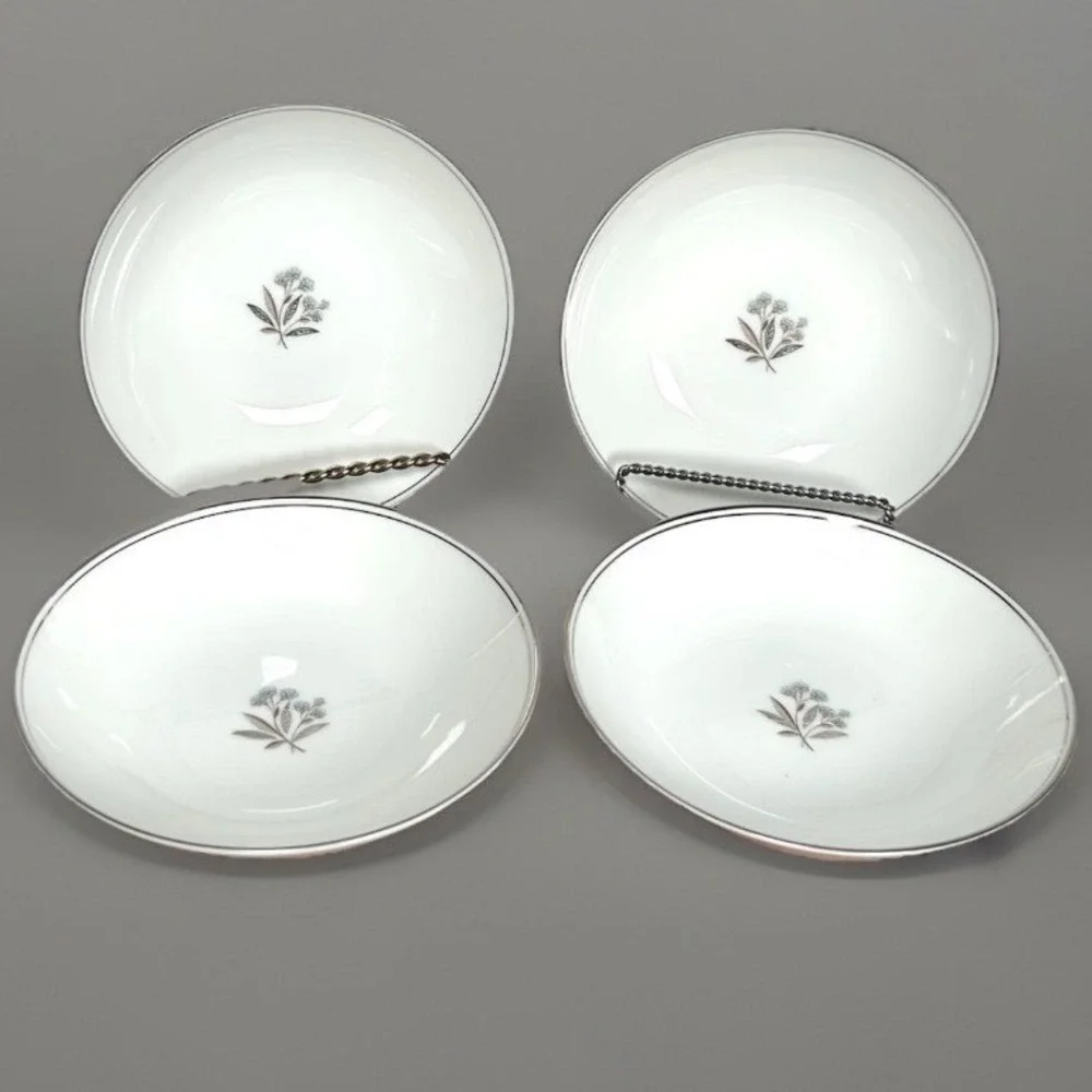 Noritake Bessie 5788 Soup Salad Bowls White Blue Floral Platinum Japan Set/4 #3